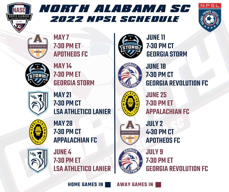 northalabamasc's tweet photo. 📢 2022 NPSL Schedule Release
ARE YOU READY?! We are less than 60-days to the kick-off of our 2nd @NPSLSoccer season - 5/7 at Apotheos FC! Our Home Opener is 5/21 vs LSA Lanier Athletico!
Get your Season Memberships at https://t.co/f6URjZvyLp

See you this summer! #GoGravity https://t.co/feT39Ul896