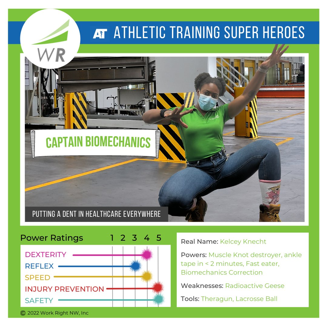 workrightnw's tweet photo. Don't mess with Captain Biomechanics. She goes higher, further, faster for YOU! This WRNW #AthleticTrainer Superhero won't let the #industrialathlete go through their shift with an ache. She'll app...
#NATM2022 #NATM #injuryprevention #industrialsetting #workplacesafety @NATA1950 https://t.co/qInD91su3p