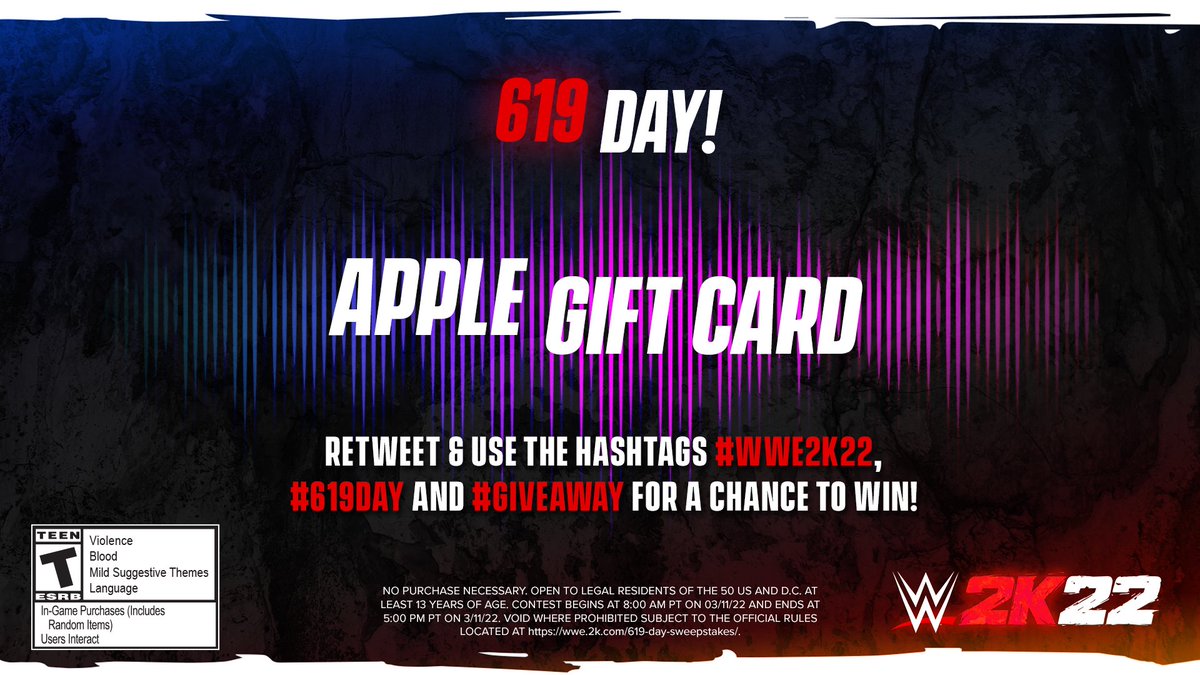 WWEgames's tweet image. We have an epic Soundtrack in WWE 2K22!! Six lucky fans are about to win an Apple Gift Card to keep the beat alive while you grind in MyRISE!! 

Retweet &amp;amp; use the hashtags #WWE2K22, #619Day, and #Giveaway for a chance to Win! 

Rules: wwe.2k.com/619-day-sweeps…