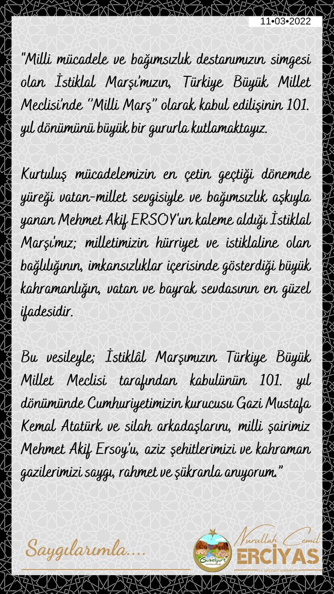 GuzelyurtKaymkm's tweet photo. Kaymakamımız Sayın Nurullah Cemil Erciyas'ın  12 Mart İstiklal Marşının Kabulü ve Mehmet Akif Ersoy’u Anma Günü Mesajı https://t.co/OMR4UVRTow