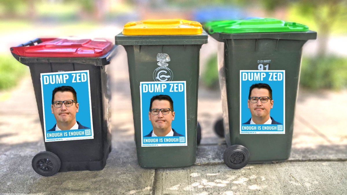 SmartVoting2022's tweet photo. Dump Zed? All those in favour, say "aye".

Let's plaster the ACT in these bin stickers: https://t.co/5vyBFuEjl6

#EnoughIsEnough #DumpZed #Election https://t.co/aASNmcOfBc