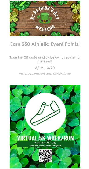 cjusdwellness's tweet photo. Are you looking for ways to earn some quick Go365 Points and Bucks? They've set up a FREE virtual 5K walk/run for St. Patrick’s Day Weekend!🍀Get your steps in and earn 250 points!

Scan the QR code below to register!

#cjusdwellness https://t.co/PfX36l5sen