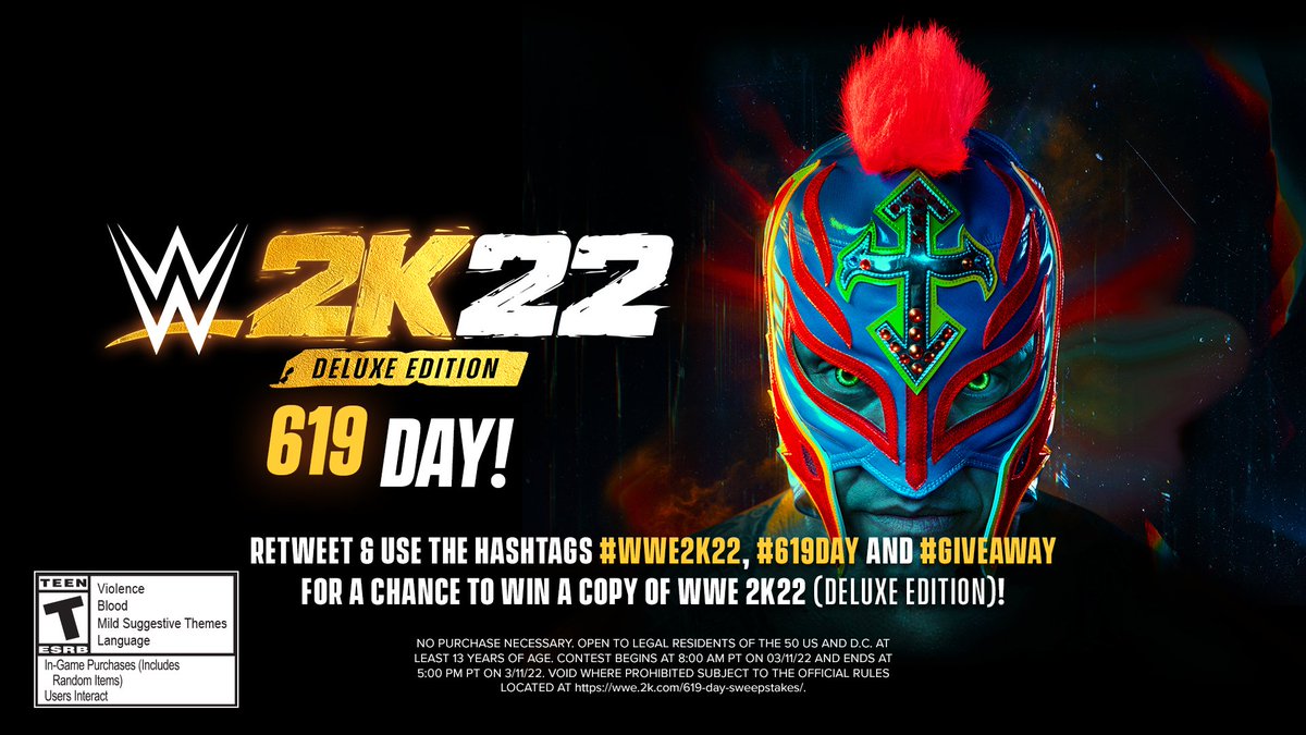 WWEgames's tweet photo. BOOOOOYAKAAAAA!!!!!! 619 Day is droppin the Deluxe Edition to some lucky fans!!! Here's yet another chance to win a code!!!

Retweet &amp; use the hashtags #WWE2K22, #619Day, and #Giveaway for a chance to Win! 

Rules: https://t.co/5wmwtqBQkk https://t.co/yO8jWH6qLq