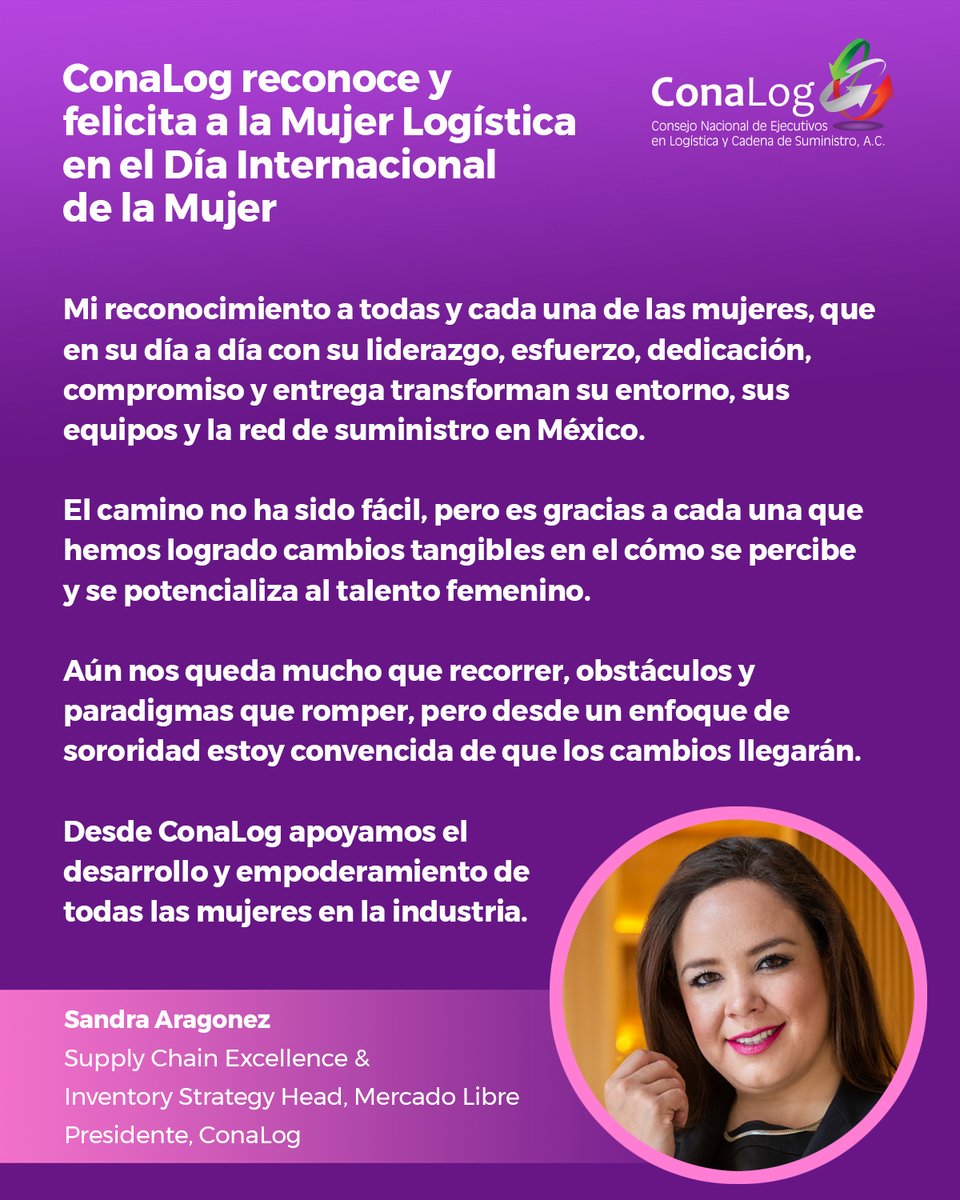 ConaLog_Mexico's tweet photo. Cerramos esta semana del Día Internacional de la Mujer con la reflexión de la Presidenta de @ConaLog_Mexico, @sandy_aragonez.  Otra gran #MujerLogística apasionada por nuestro sector.
Desde #ConaLog, nuestro reconocimiento y admiración a la #MujerLogística de México. https://t.co/2ddddDQHBU