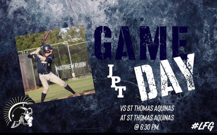 JptBaseball's tweet photo. Trojan Varsity travels to St. Thomas Aquinas to take on the Raiders, first pitch 6:30pm! #JptPride #LFG #nopressure #ForStein19 https://t.co/sjBmqlau3V