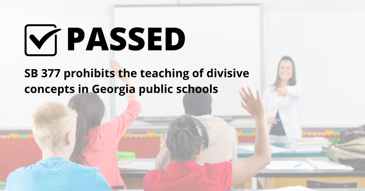 GASenateGOP's tweet photo. SB 377 sponsored by Senator Bo Hatchett stops divisive concepts that shame, scapegoat, and stereotype in GA schools and gives parents a voice in their children’s education. Georgia Senate Republicans are #Fighting4 our students. #gapol https://t.co/S2iwYelrUR