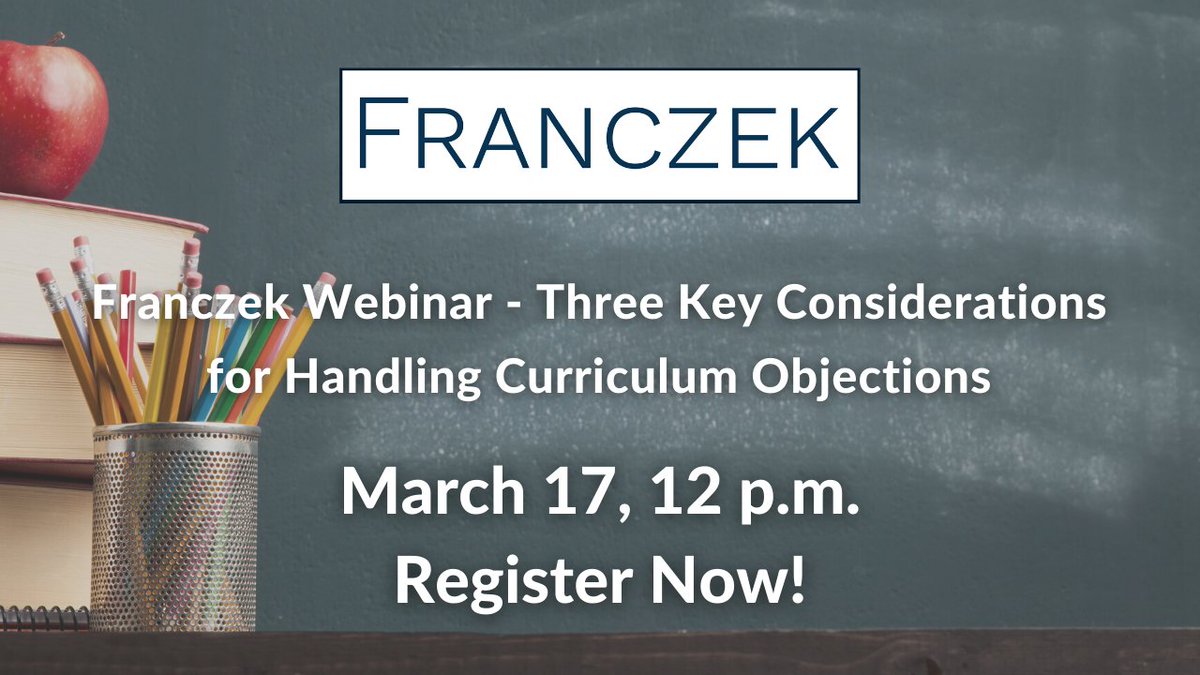 Franczek (@franczek) on Twitter photo Franczek Webinar – Three Key Considerations for Handling Curriculum Objections with <a href="/NickiBazer/">Nicki Bazer</a>, <a href="/AmyKDickerson/">Amy Kosanovich Dickerson</a>, and <a href="/danafcrumley/">Dana Fattore Crumley</a> is Thursday March 17 at Noon. Register now:
lnkd.in/e2rR5DJb Franczek Webinar – Three Key Considerations for Handling Curriculum Objections with <a href="/NickiBazer/">Nicki Bazer</a>, <a href="/AmyKDickerson/">Amy Kosanovich Dickerson</a>, and <a href="/danafcrumley/">Dana Fattore Crumley</a> is Thursday March 17 at Noon. Register now:
lnkd.in/e2rR5DJb