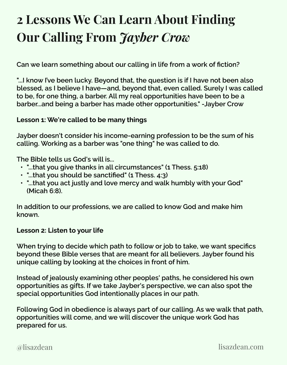 LisaZDean's tweet photo. The theme of #calling in Jayber Crow caught my eye like a glistening golden thread woven throughout the story. Here are 2 lessons from one quote:

@WendellDaily #wendellberry #jaybercrow #amreading https://t.co/mQ7qY8qz4i
