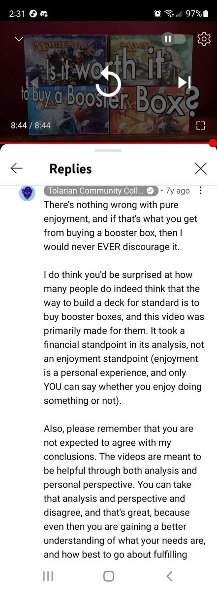 theoptimalline's tweet photo. Just stumbled across this comment from TCC 7yrs ago. Being this transparent and open to feedback is what makes the Professor a one of one. We should all take a chapter from his book. @TolarianCollege https://t.co/tS4qe4sWZh