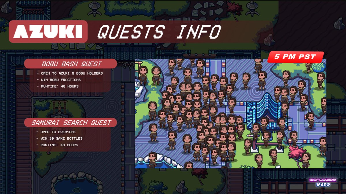 Our new Samurai Search quest (open for everyone) &amp; exclusive @AzukiZen Bobu Bash quest are going live tonight⛩

🥳 Kyoto Gardens
🗓 Tonight ~ 5 PM PST
⏳48 hours to enter 

You will be able to win Items &amp; Bobu fractions respectively 

Stay tuned webb.game
