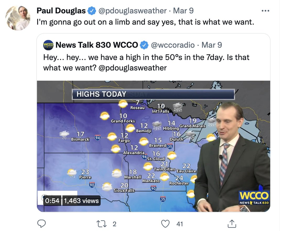 Warmist Paul Douglas just can't help himself: He very often admits that he prefers warmer weather in Minnesota. https://t.co/y5mVXUmU8x