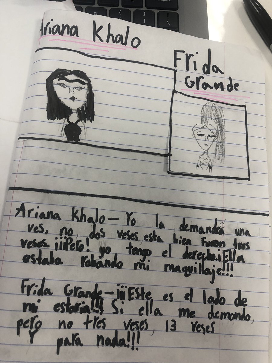 Free choice of writing in Spanish turned into a Newspaper article in which they interviewed Ariana Khalo and Frida Grande and the ongoing feud they have #creativewriting #inspiring <a href="/HumbleISD_BBE/">Bear Branch Elem</a> <a href="/HumbleISD_BBSIP/">Bear Branch SIP</a> <a href="/HumbleISD_Multi/">Humble ISD Language Acquisition</a> <a href="/MrsCollette_BBE/">Kasey Collette</a>