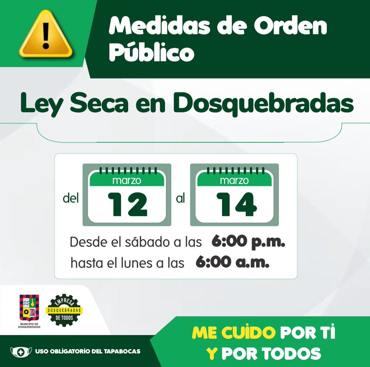 AlcaldiaDosq's tweet photo. LEY SECA EN DOSQUEBRADAS 

⚠️La Administración Municipal por medio del decreto N°099, establece la medida de Ley Seca con el fin de garantizar el orden público durante la jornada electoral #Dosquebradas #EmpresaDeTodos https://t.co/FXxl3mieWt