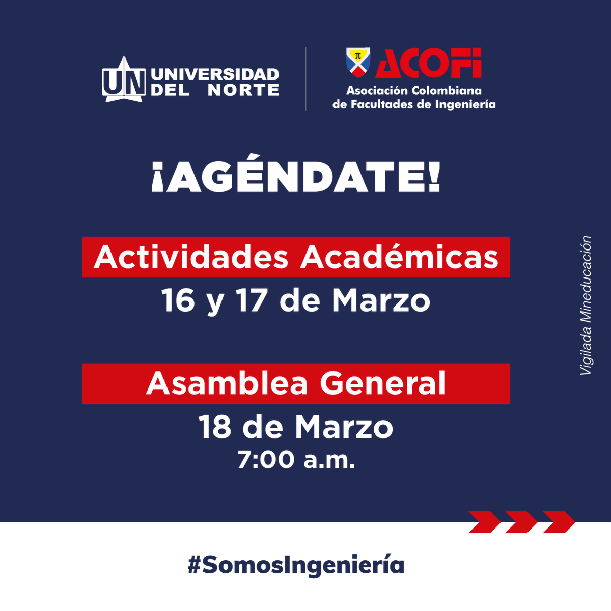 inguninorteco's tweet photo. ¡Agéndate! 📣 El 16 y 17 de marzo se llevarán a cabo actividades académicas en el marco de la Asamblea General de @acofi 2022 en @uninorteco.

Recuerda que para poder participar es necesario  inscribirse. Para más información, visita:
https://t.co/3WkK7XSg9y

#SomosIngeniería https://t.co/pCzhwYAY5a