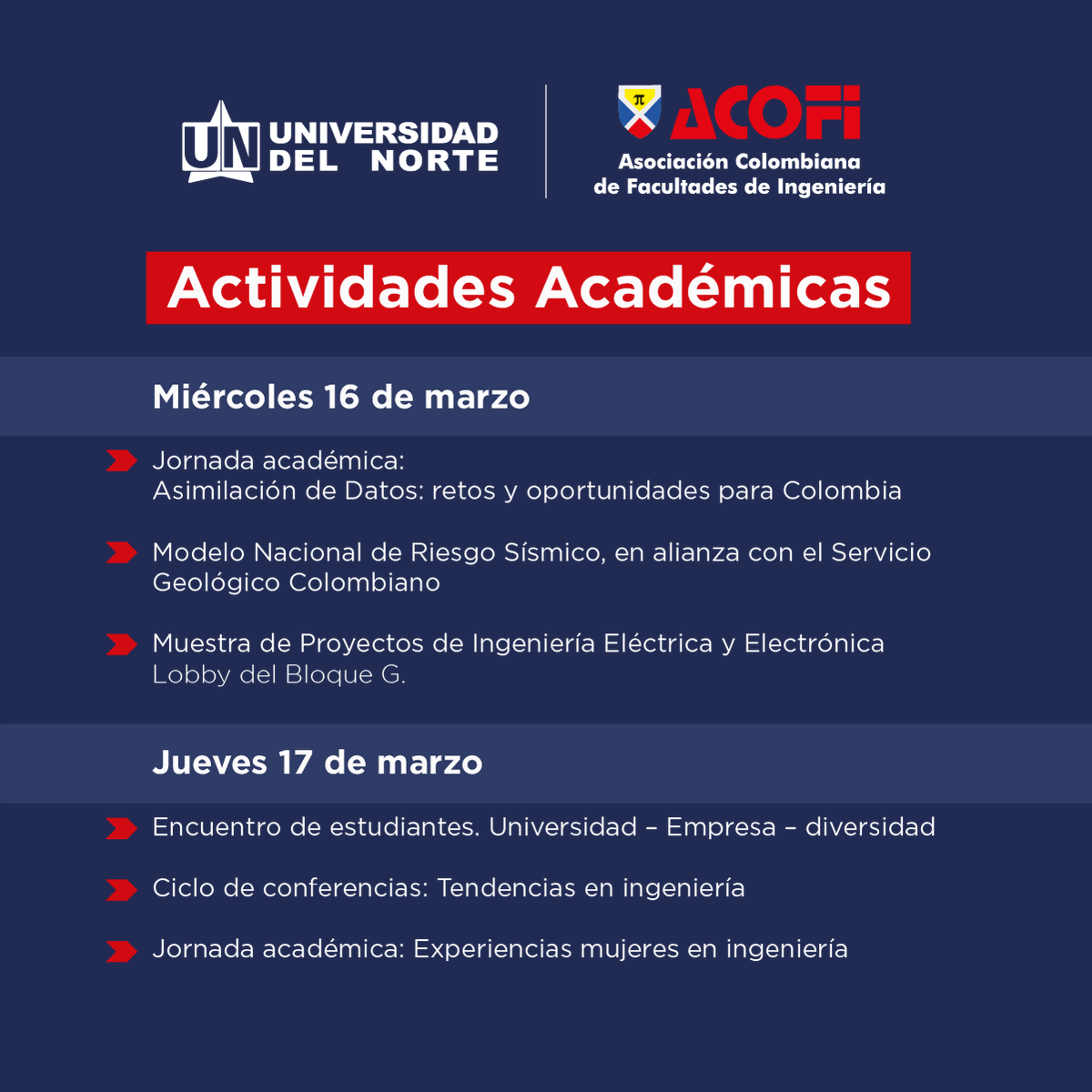 inguninorteco's tweet photo. ¡Agéndate! 📣 El 16 y 17 de marzo se llevarán a cabo actividades académicas en el marco de la Asamblea General de @acofi 2022 en @uninorteco.

Recuerda que para poder participar es necesario  inscribirse. Para más información, visita:
https://t.co/3WkK7XSg9y

#SomosIngeniería https://t.co/pCzhwYAY5a