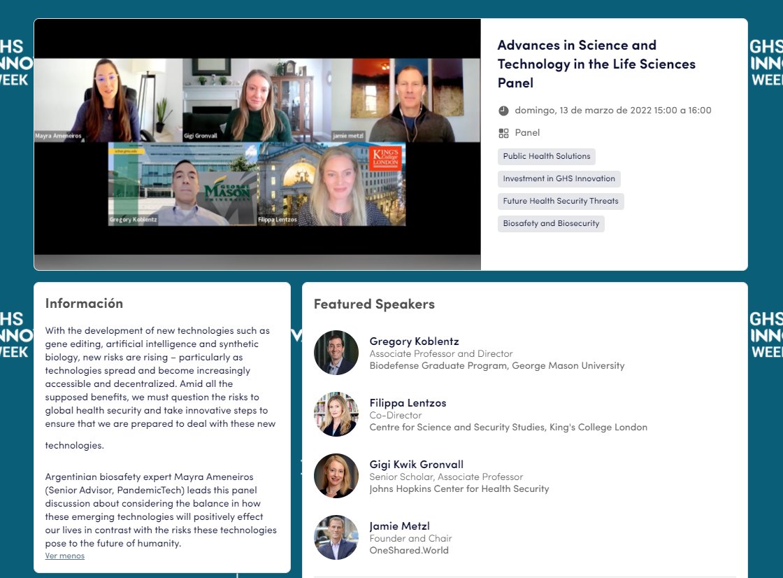 Mayra Ameneiros (@mayraamen) on Twitter photo Don't miss this amazing Panel session: "Advances in Science and Technology in the Life Sciences" with <a href="/FilippaLentzos/">Dr Filippa Lentzos</a> <a href="/gregkoblentz/">Gregory Koblentz (now at gregkoblentz.bsky.social)</a> <a href="/ggronvall/">Gigi Gronvall</a> and <a href="/JamieMetzl/">Jamie Metzl</a> on March 13! I am honored to be moderating this incredible session! Free access: avolio.swapcard.com/TEXGHS/2022/re… <a href="/pandemic_tech/">PandemicTech</a> Don't miss this amazing Panel session: "Advances in Science and Technology in the Life Sciences" with <a href="/FilippaLentzos/">Dr Filippa Lentzos</a> <a href="/gregkoblentz/">Gregory Koblentz (now at gregkoblentz.bsky.social)</a> <a href="/ggronvall/">Gigi Gronvall</a> and <a href="/JamieMetzl/">Jamie Metzl</a> on March 13! I am honored to be moderating this incredible session! Free access: avolio.swapcard.com/TEXGHS/2022/re… <a href="/pandemic_tech/">PandemicTech</a>