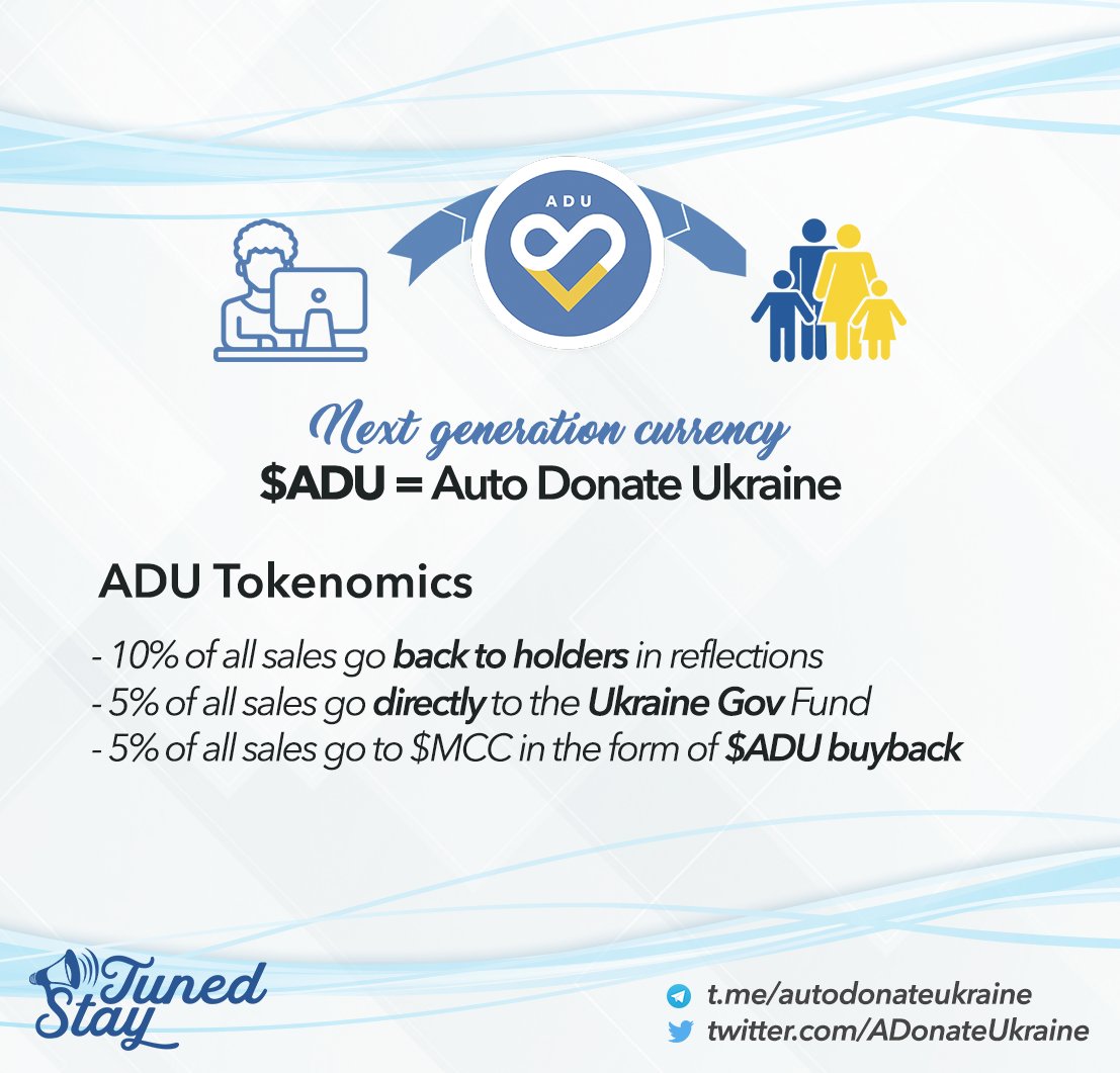 ADonateUkraine's tweet photo. Have you heard about Auto Donate Ukraine yet? Trading $ADU token goes back to holders and people in Ukraine

Tokenomics
- 10% of all sales go back to holders in reflections
- 5% of all sales go directly to the Ukraine Gov Fund
- 5% of all sales go to $MCC in form of $ADU buybacks https://t.co/FXRij7r97G