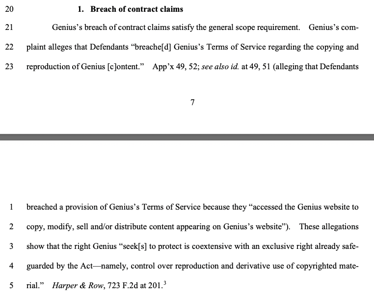 RickSandersLaw's tweet photo. Breach of contract is almost never #preempted by #copyright, but there’s an exception when the provision breached is nothing more than an agreement not to violate an exclusive right. /3 https://t.co/Cnv5Kh2EtB