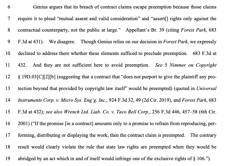 RickSandersLaw's tweet photo. Breach of contract is almost never #preempted by #copyright, but there’s an exception when the provision breached is nothing more than an agreement not to violate an exclusive right. /3 https://t.co/Cnv5Kh2EtB
