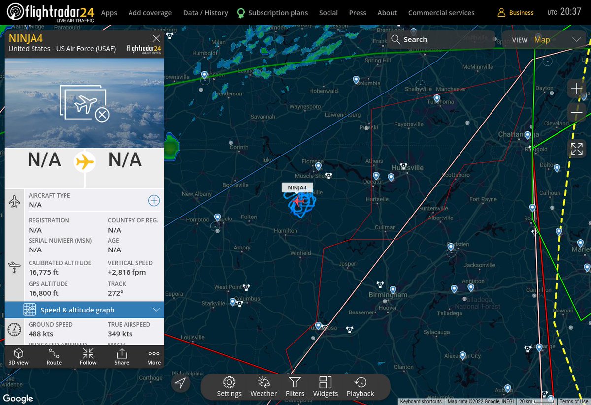 Radar_Assistant's tweet image. MULTI FR24 CIRCLING ALERT : At time Fri Mar 11 20:36:50 2022 #NINJA4 was likely to be circling at FL170 18nm from MSL Muscle_Shoals_VORTAC_US
 near Franklin County Jail, Herrington Cr Road, Russellv #AvGeek #ADSB flightradar24.com/NINJA4/2b1afeb4