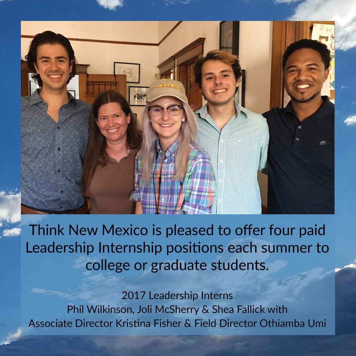 Just two weeks left to submit your application for a 2022 summer Leadership Internship with Think New Mexico! Our interns help us develop and implement public policies that improve the lives of New Mexicans. 

For more information on how to apply visit: thinknewmexico.org/internships/