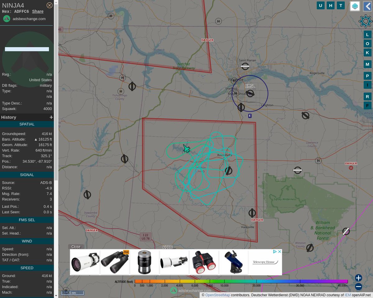 Radar_Assistant's tweet image. MULTI ADSBX MANOEUVRING ALERT : At time Fri Mar 11 20:37:03 2022 #NINJA4   was likely to be manoeuvring at FL173 19nm from MSL Muscle_Shoals_VORTAC_US
 near Robison Road, Isbell, Franklin County, Alabama, Un #AvGeek #ADSB globe.adsbexchange.com/?icao=ADFFC6&amp;amp;z…