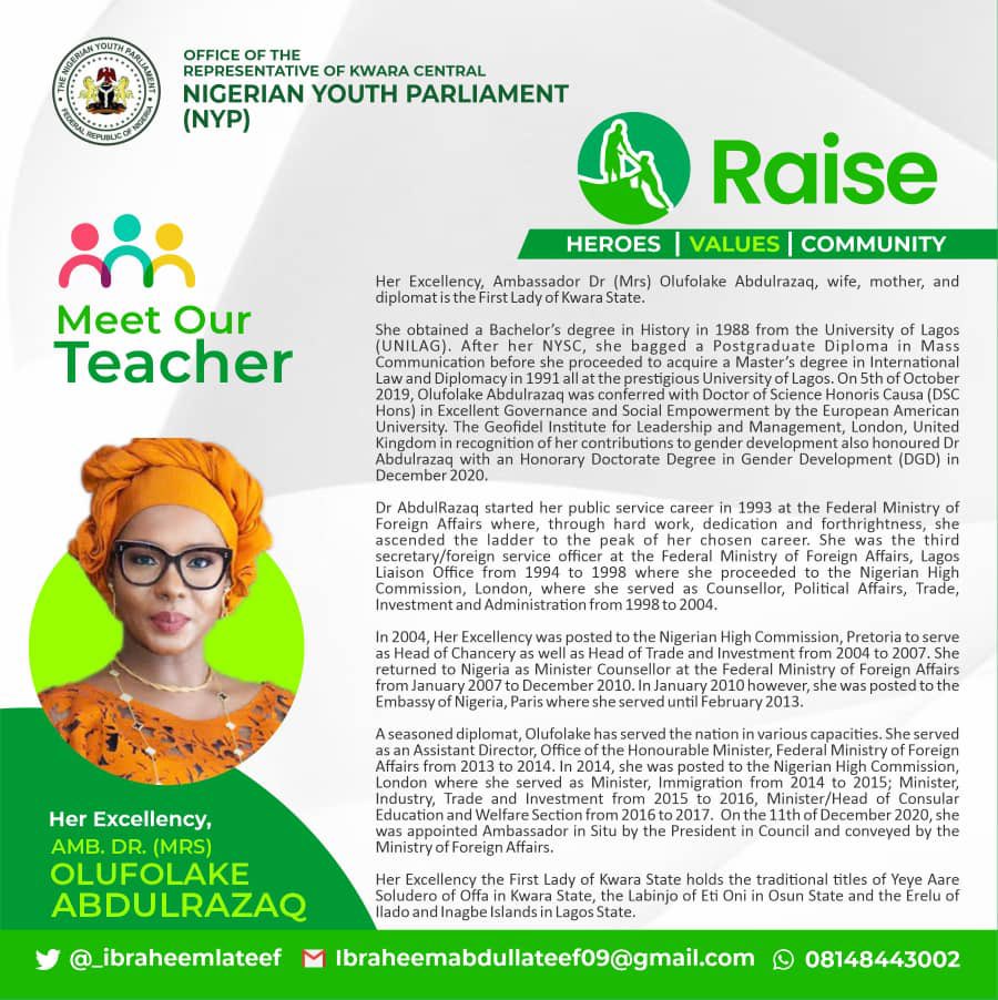 Heebrawyheem1's tweet photo. Raise: Kwara’s First Lady, Amb. Olufolake AbdulRazaq is Teacher for March 

 https://t.co/7FcPd8UwJN

@_ibraheemlateef 
@RealAARahman 
@FaruqShafi 
@peng_writer https://t.co/34P8nrPVWj