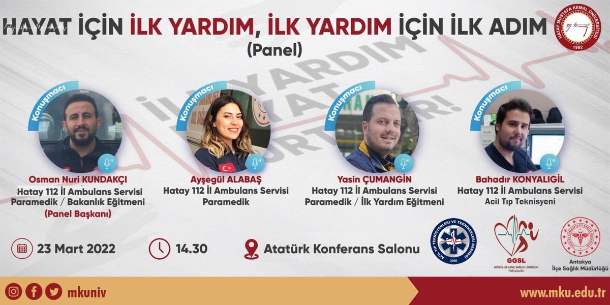 onkundakci's tweet photo. 23 Mart 2022 tarihinde Gönüllü Genç Sağlık Liderleri Topluluğu , Antakya İlçe Sağlık Müdürlüğü ve ATT DER Hatay İl Başkanlığı tarafından MKÜ öğrencilerine yönelik İlk Yardım paneli düzenlenecektir. #attder #hatay #mkü #mkükampüs #mkütıpfakültesi #mküitiraf #mku https://t.co/Mq8UwM1jgM