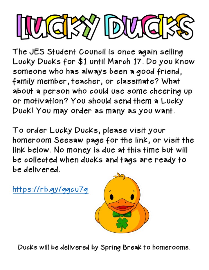 JESBloodhounds's tweet photo. ☘️ The Student Council Lucky Duck sale is happening now! Don't forget to order ducks for your LUCKY friends, teachers, classmates, and family members! This is open to current JES students and staff until Thursday, March 17. ☘️ https://t.co/okQJgrhJnt