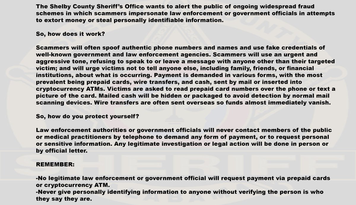 ShelbyCountySO's tweet photo. SCSO SCAM ALERT: https://t.co/wi0GBZOYOR