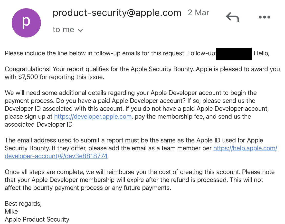 ashketchum_16's tweet photo. I was awarded $7,500 for Blind XSS on @Apple 

ATLC Support Hacked Again ❤️

It was more of a bypass for blind xss hacking into the ATLC Support, I think six months of waiting was worth it 😊

#xss #blindxss #apple #bypass #atlc #cybersecurity #BugBounty #ethicalhacking #infosec https://t.co/RvhTIzJzOj