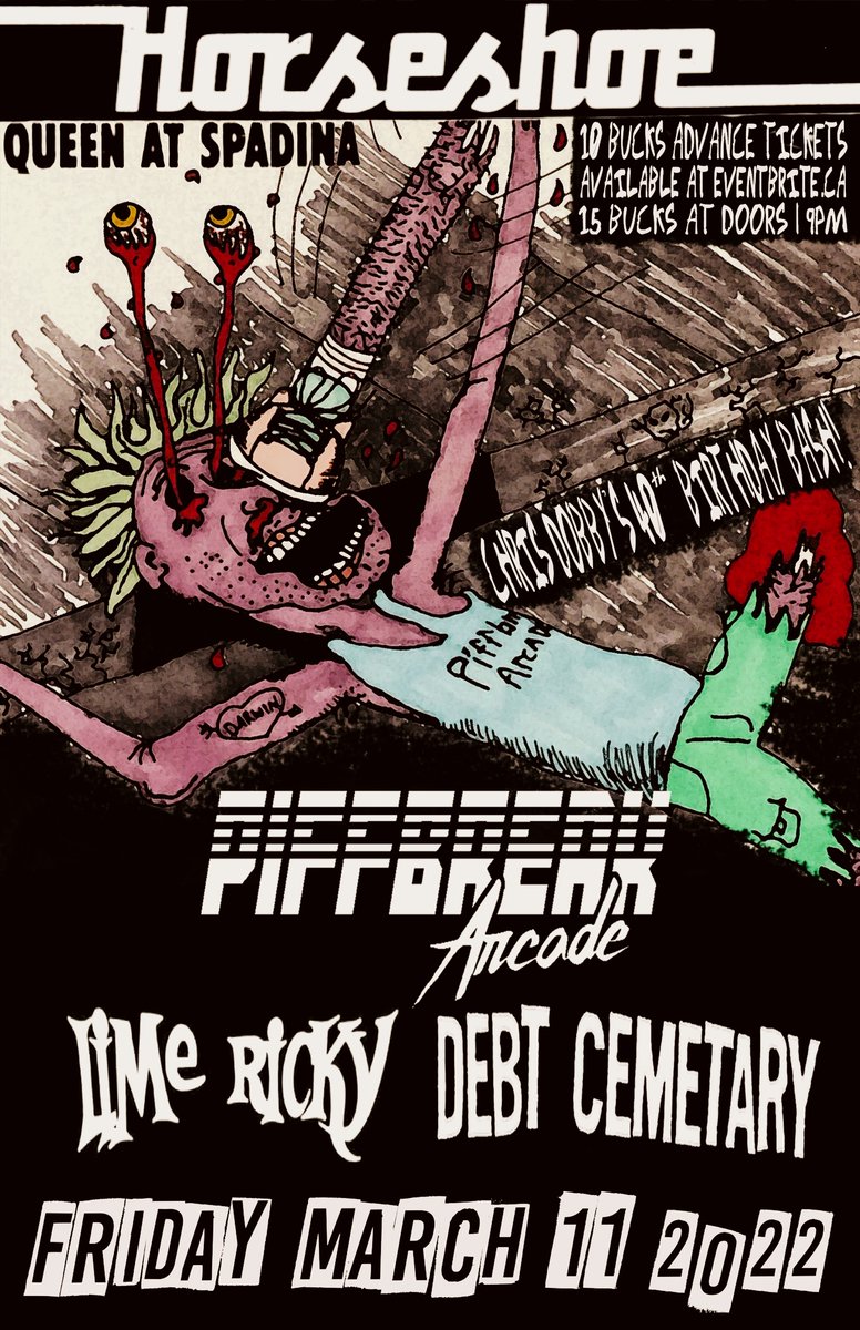 TONIGHT: <a href="/PiffbreakArcade/">Piffbreak Arcade</a> with Lime Ricky and Debt Cemetary at Horseshoe Tavern!

Tickets are $15.00 advance or at the door!
showclix.com/event/piffbrea…

9 - Doors
9:30 - Debt Cemetary
10:30 - Lime Ricky
11:30 - PBA