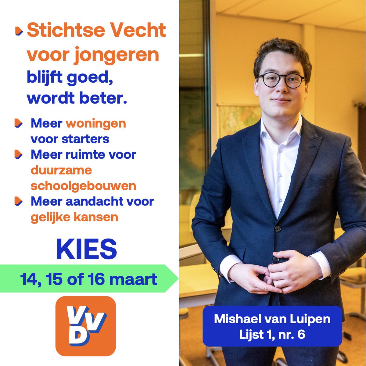 Ben je jong? Stem jong. Mishael is 19 jaar en de jongste verkiesbare kandidaat in <a href="/StichtseVecht/">Gemeente Stichtse Vecht</a>. Kies op 14, 15 of 16 maart Mishael.