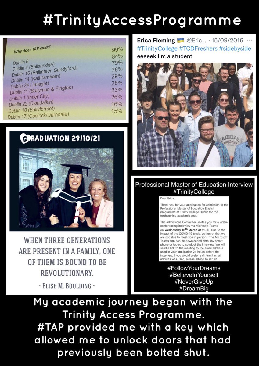 EricaHome1's tweet photo. The #TrinityAccessProgramme changed my life.
The staff in @AccessTCD changed my #perspective on life.
They never gave up on me, they #believed in me when I didn’t believe in myself.
I am forever grateful to Sarah Grimson for her support and guidance over the years ❤️ #TAP https://t.co/E1Blw9K1Xu
