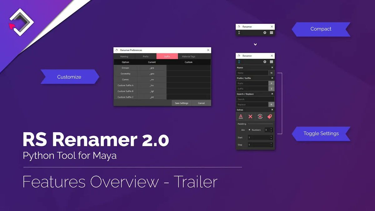 rktsq's tweet photo. Renamer 2.0 offers naming, Prefix, Suffix and Search/Replace functions. Customize naming convention, format or remove characters, tag materials and automated processes for a faster workflow. Feature trailer: https://t.co/5R6eJ8nyCW

https://t.co/PqRUTG30jP #maya3d #3dmodeling https://t.co/T4Dgf4rURX