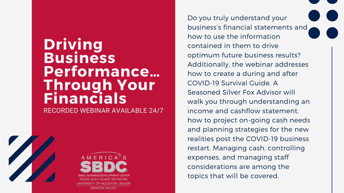 Do you truly understand your business’s financial statements and how to use the information contained in them to drive optimum future business results? 

Watch the no-cost, on-demand webinar now: https://t.co/eP2nTIw68I

#smallbiz  #entrepreneur #bcstx https://t.co/IPGaneHysE