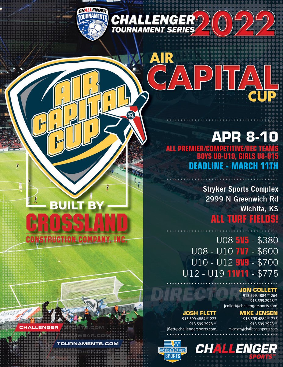 IctWrsa's tweet photo. 2022 Air Capital Cup: April 8-10

All games played at the Stryker Soccer Complex in Wichita, KS

Great Mid-season tournament to challenge your teams/club

Open to all Levels of teams - Gold, Silver &amp; Bronze

DEADLINE TODAY

Register here: https://t.co/TVq2fZPZuk https://t.co/BrG1mOpLZY