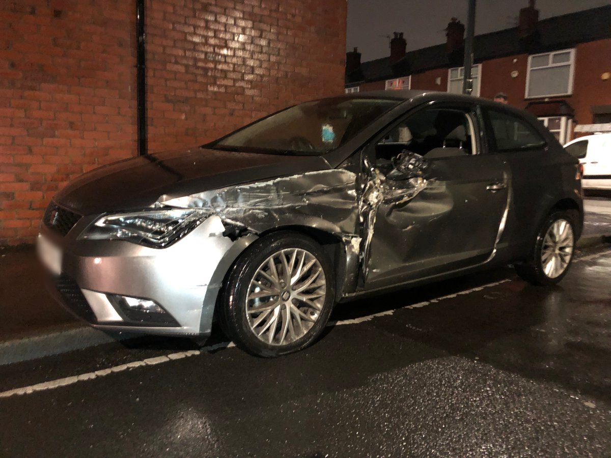 gmptraffic's tweet photo. If you’re in Bolton and waiting for a home delivery from a well known supermarket, please bear with them. They’ve just been hit by a drunk driver. Luckily no injuries. Driver of Seat blew 102 at roadside and has been arrested by #XT54 on Sapling Rd. https://t.co/4eOX0FqM0q
