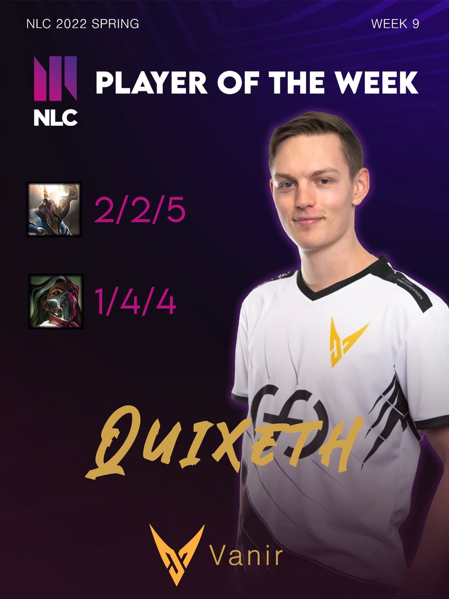 NLC PLAYER OF THE WEEK

<a href="/Quixeth/">Quixeth</a> secures himself the POTW for Week 9!

The Norwegian 🇳🇴 support helped clutch possible the craziest game of the season with a single Renata ultimate vs X7 turning friends into foes. 

Followed up by making quick work of NKI with a Pantheon lock in.