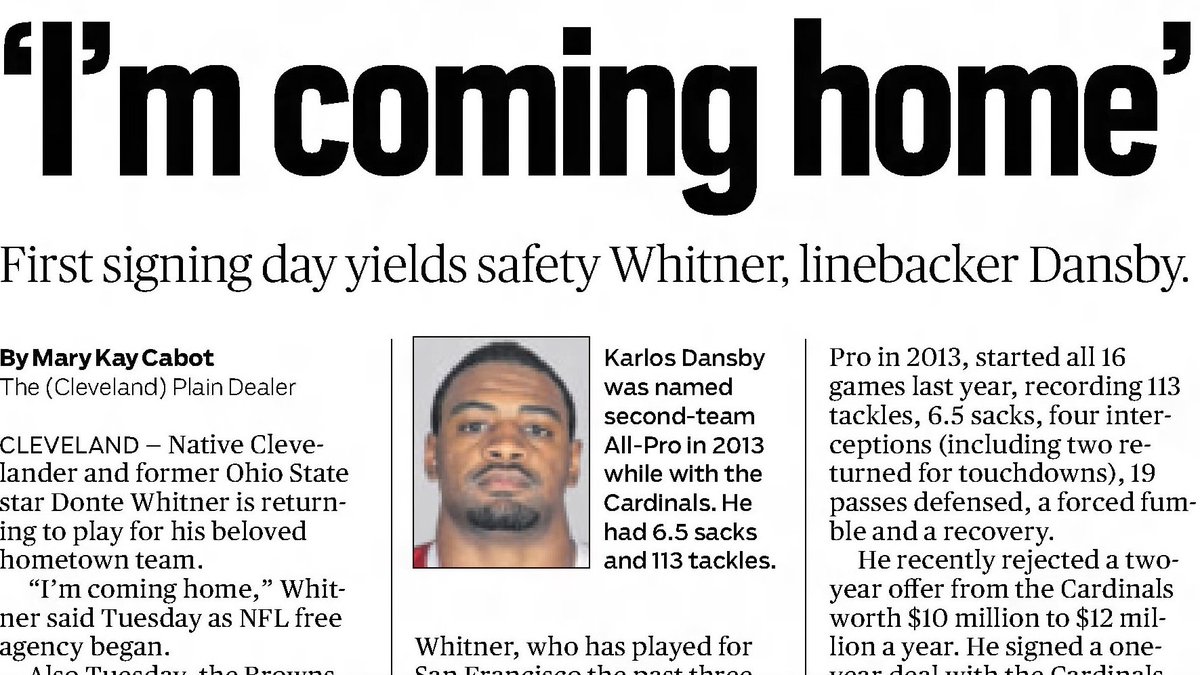 MrCleveland_216's tweet photo. March 11, 2014: "I'm coming home"π
Much like another NE Ohio hero proclaimed to announce his decision- former Glenville star S Donte Whitner does same. #Browns sign former Buckeye to FA contract. 1st rnd pick in 2006, 3x Pro-Bowler, in CLE 2014-2015 #Tarblodder #Hitner #CLE https://t.co/JaeTCjLiwZ