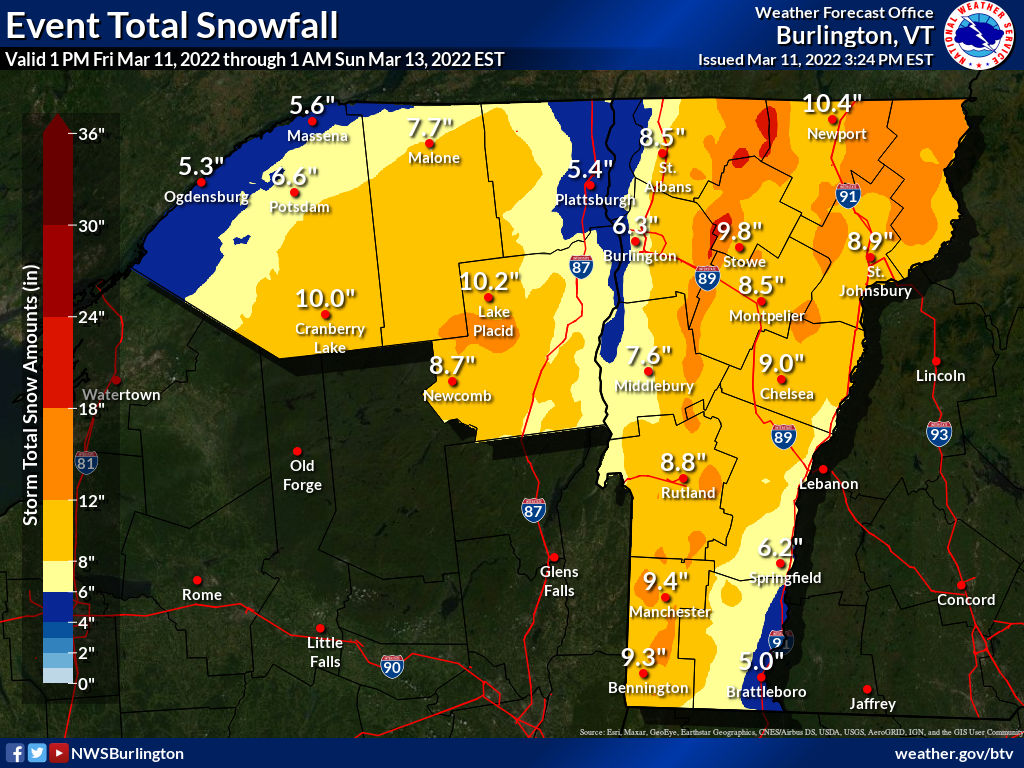 NWS Burlington on Twitter "Winter storm update as of 4 PM March 11th
