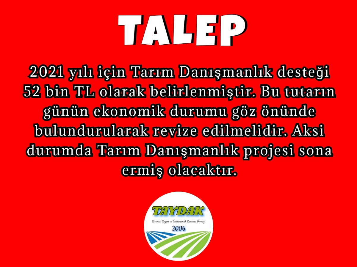 Yıllık Giderlerinin 40 BİN TL'nin üzerinde olan Tarımsal Yayım ve Danışmanlık Hizmetinin Yıllık Desteğinin 52 BİN TL olarak belirlenmesi bir tebliğ değil iş bitirme çabasıdır.
<a href="/TAYDAK_/">TAYDAK</a> <a href="/VahitKirisci/">Prof.Dr.Vahit Kirişci</a> <a href="/TCTarim/">T.C. Tarım ve Orman Bakanlığı</a> <a href="/RTErdogan/">Recep Tayyip Erdoğan</a> <a href="/aysinisikgece/">Ayşe Ayşin Işıkgece</a> <a href="/ZeynepBurkek/">Zeynep Bürkek 💛❤</a>