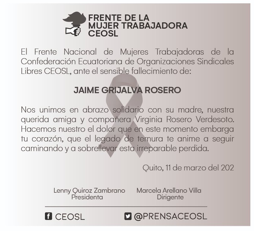 prensaceosl's tweet photo. 🍂NOTA DE PESAR

Quienes conformamos el Frente de la Mujer Trabajadora de @prensaceosl acompañamos en un abrazo solidario a nuestra amiga y compañera Virginia Rosero Verdesoto. https://t.co/j4oDlQ7SQt