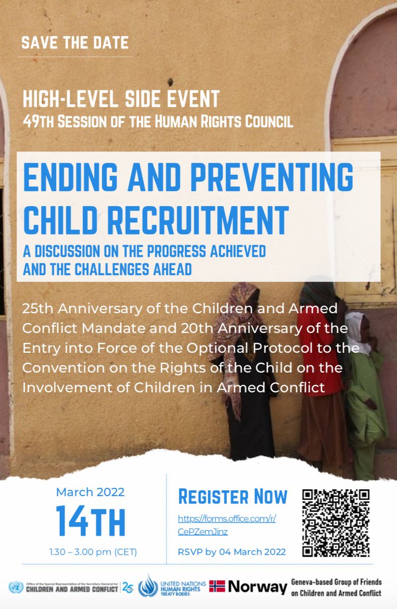 Next Monday: Mark 25 yrs. CAAC mandate➕20 yrs. of OPAC, with 
<a href="/childreninwar/">Children and Armed Conflict 📍 #ProveItMatters</a>
 #CRC 
<a href="/NorwayUN/">NorwayUN</a>
 &amp; Geneva-based GoF on CAAC, to find innovative ways to address challenges facing conflict-affected #children

📅14/3 1.30-3.00pm CET

#ActToProtect