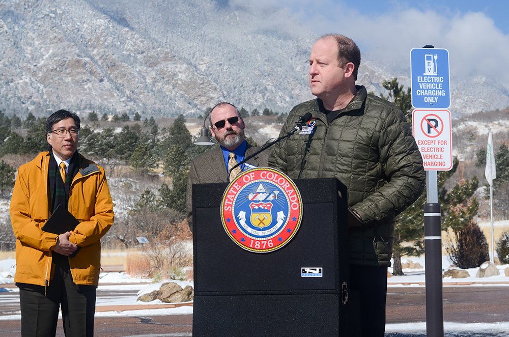 GovofCO's tweet photo. Excited to be joined by @ColoradoDNR, @COParksWildlife, and electric vehicle technology maker @Rivian to unveil two Rivian Waypoints electric vehicle chargers at @CheyenneMtnSP. Make a great escape to iconic outdoor destinations while recharging for your next adventure. https://t.co/Yo2Yq4Tvkf
