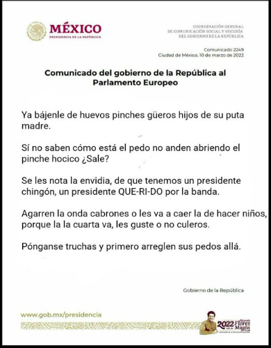 EderJourdan's tweet photo. @JesusRCuevas @luiscarbajalz @lopezobrador_ ESTA ES DEL PUEBLO PARA LOS BORREGOS DEL PARLAMENTO EUROPEO #BEEEEEE #BEEEEE
CONSERVAS NEOLIBERALES'' PERDIERON SUS FUEROS SUS BISNES SUS BILLULLOS''
#AMLOLujoDePresidente https://t.co/a6DLBWpL1e