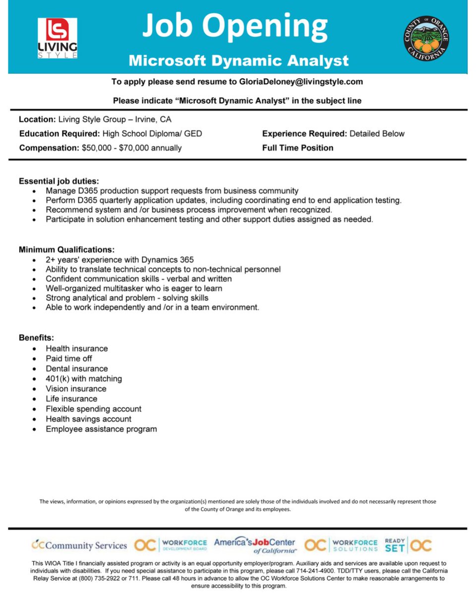 oc_workforce's tweet photo. #EmploymentOpportunity: Living Style

For questions or more information:
💻 Visit https://t.co/XN55NM9iKz
📞 Call the OC Economic and Business Recovery Call Center at 714-480-6500

#OCWorksTogether #OrangeCounty #Employment #JobSeekers https://t.co/1sLXfwyghz