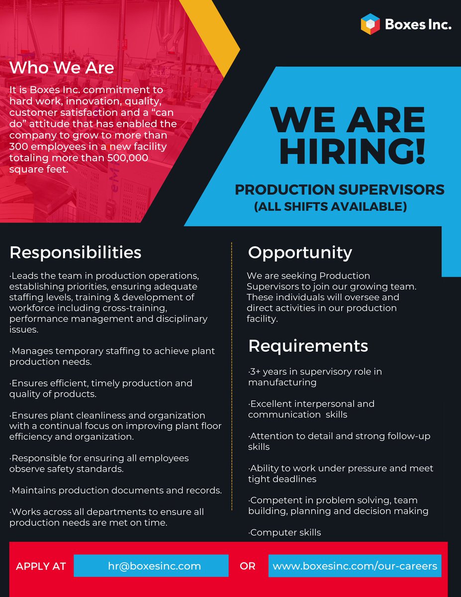 MidAmDisplay's tweet image. We are #hiring Production Supervisors - All Shifts Available!

Learn more and apply today at bit.ly/3h3UFWx 
.
.
.
#hiring #nowhiring #bonus #jobbonus #career #work #job #jobs #position #openposition #boxesinc #midamericadisplay