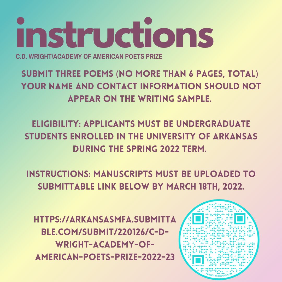 Send in your submissions for the C.D. Wright/Academy of American Poets Prize before next Friday! (March 18th) #uark #thediamondline

Submittable link: arkansasmfa.submittable.com/submit/220126/…
