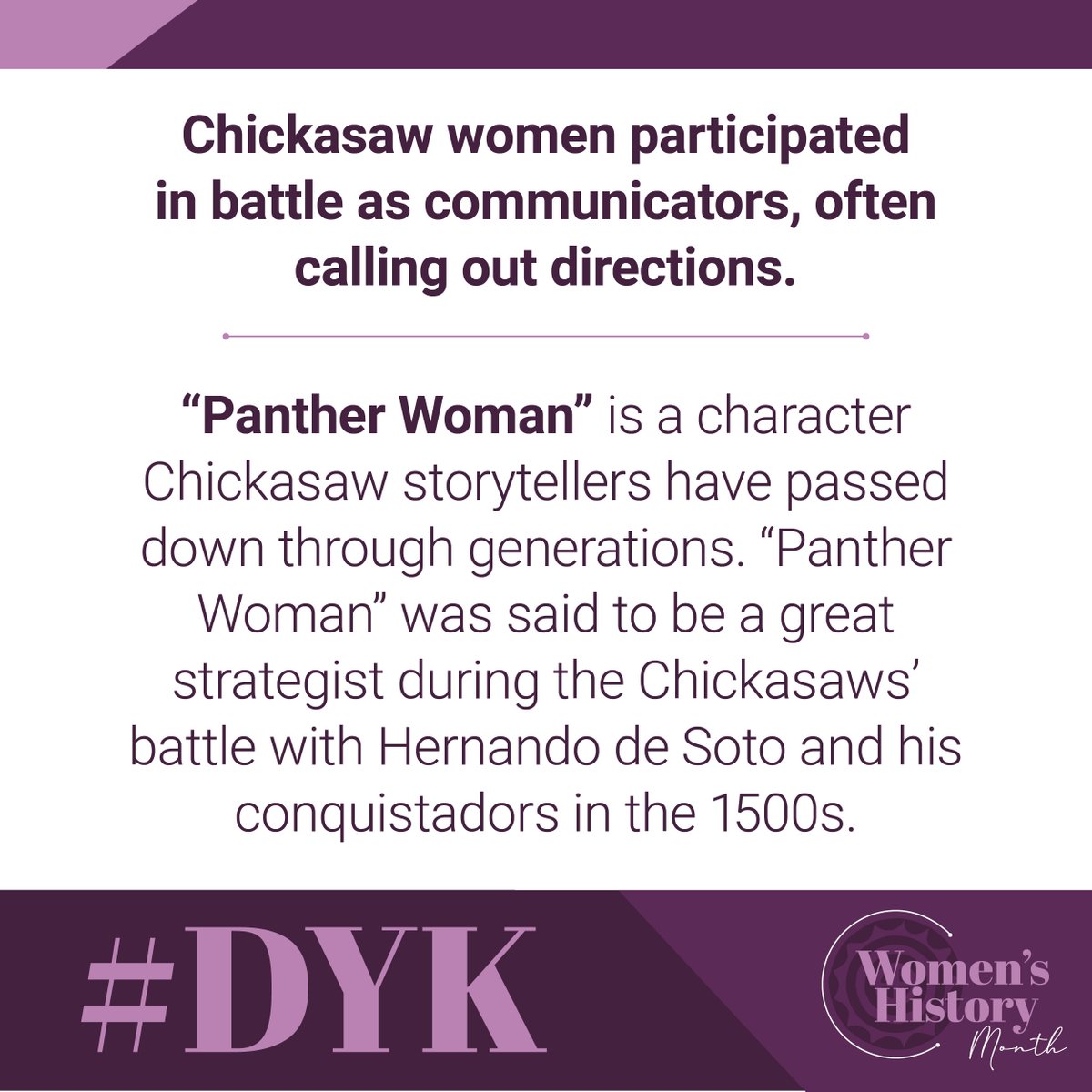 ChickasawNation's tweet photo. #DYK: Chickasaw women were an important part of the tribe’s warrior culture, often involved in battles as communicators and strategists.
 
#WomensHistoryMonth | #WomenInHistory | #ChickasawHistory https://t.co/JXn0eoOv6y